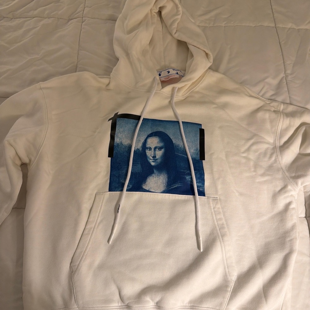 Off-White Cream Hoodie with Blue Graphic